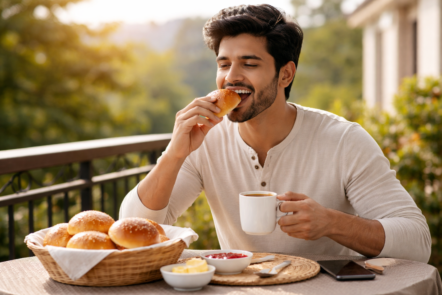 Man enjoying freshly baked buns with morning tea