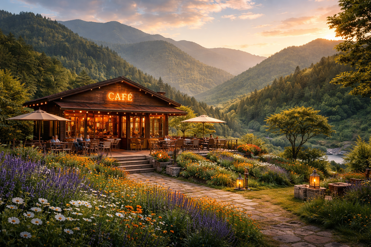 Scenic hill cafe with mountain views