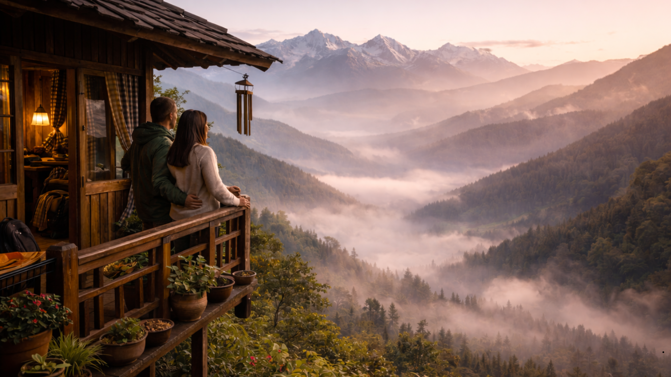 Natural homestay surrounded by greenery and scenic views.