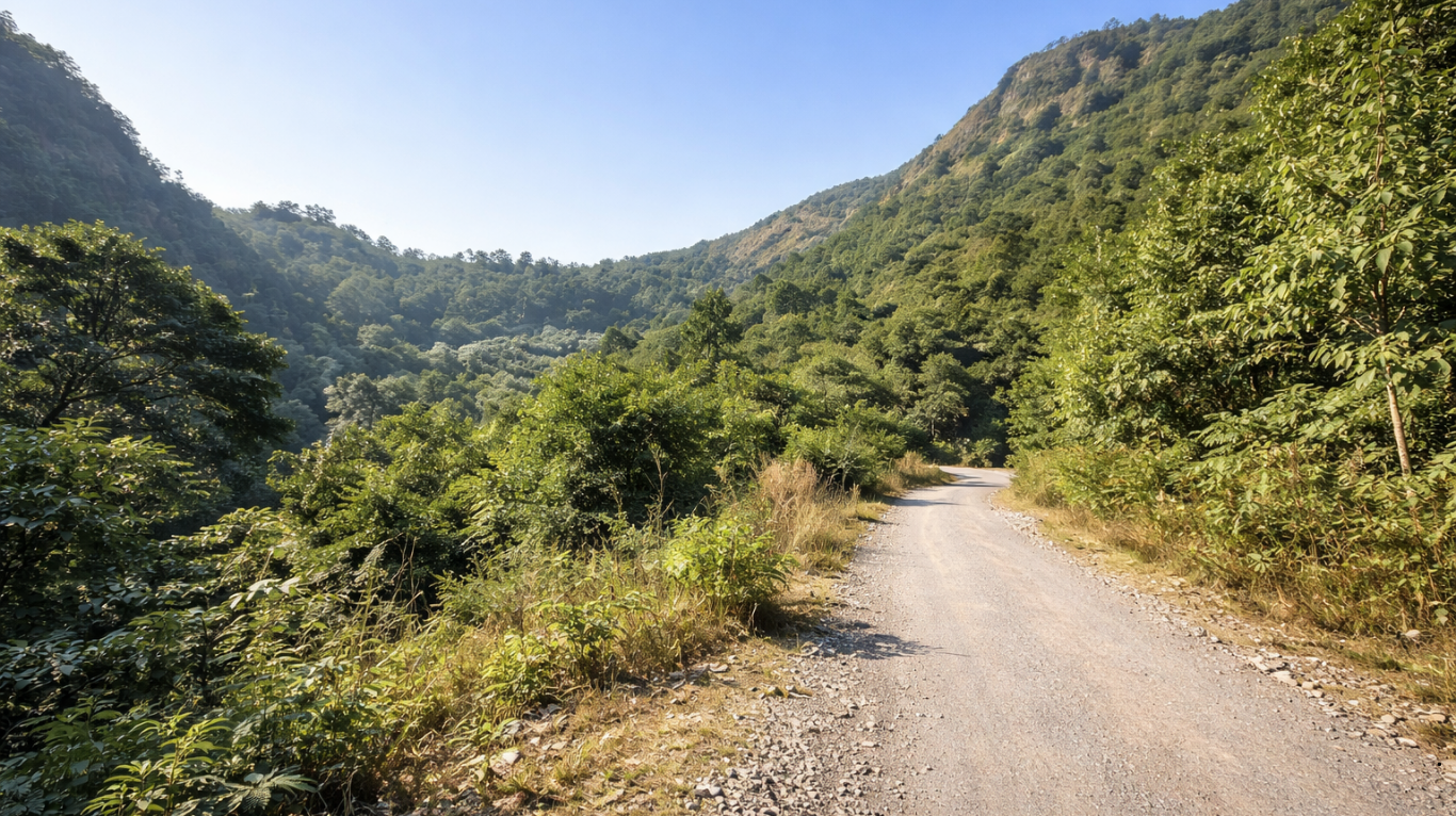 Forest trail surrounded by tall trees