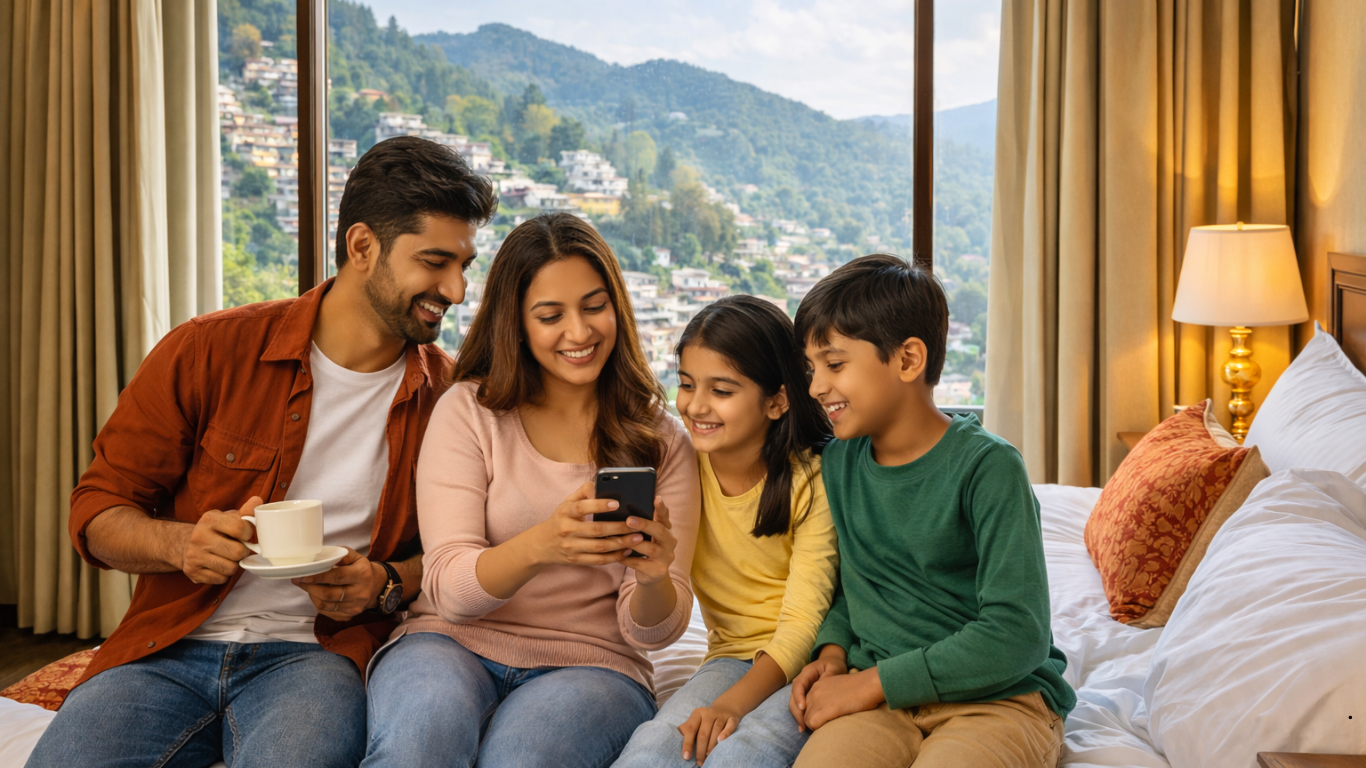 Family enjoying stay at a hotel in Mussoorie
