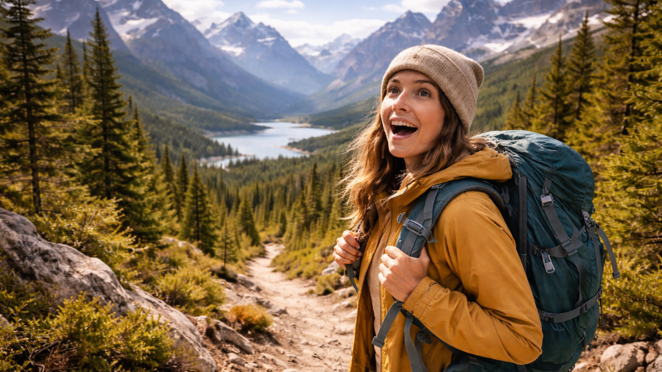 Hikers overlooking a beautiful mountain valley and lake