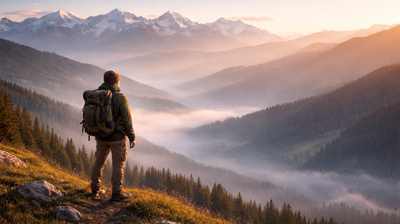 Man sightseeing from a hill overlooking a scenic valley and mountains.