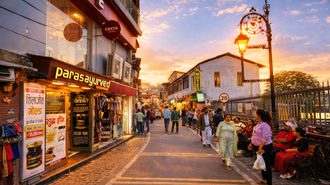 Mall Road in Mussoorie with shops and tourists