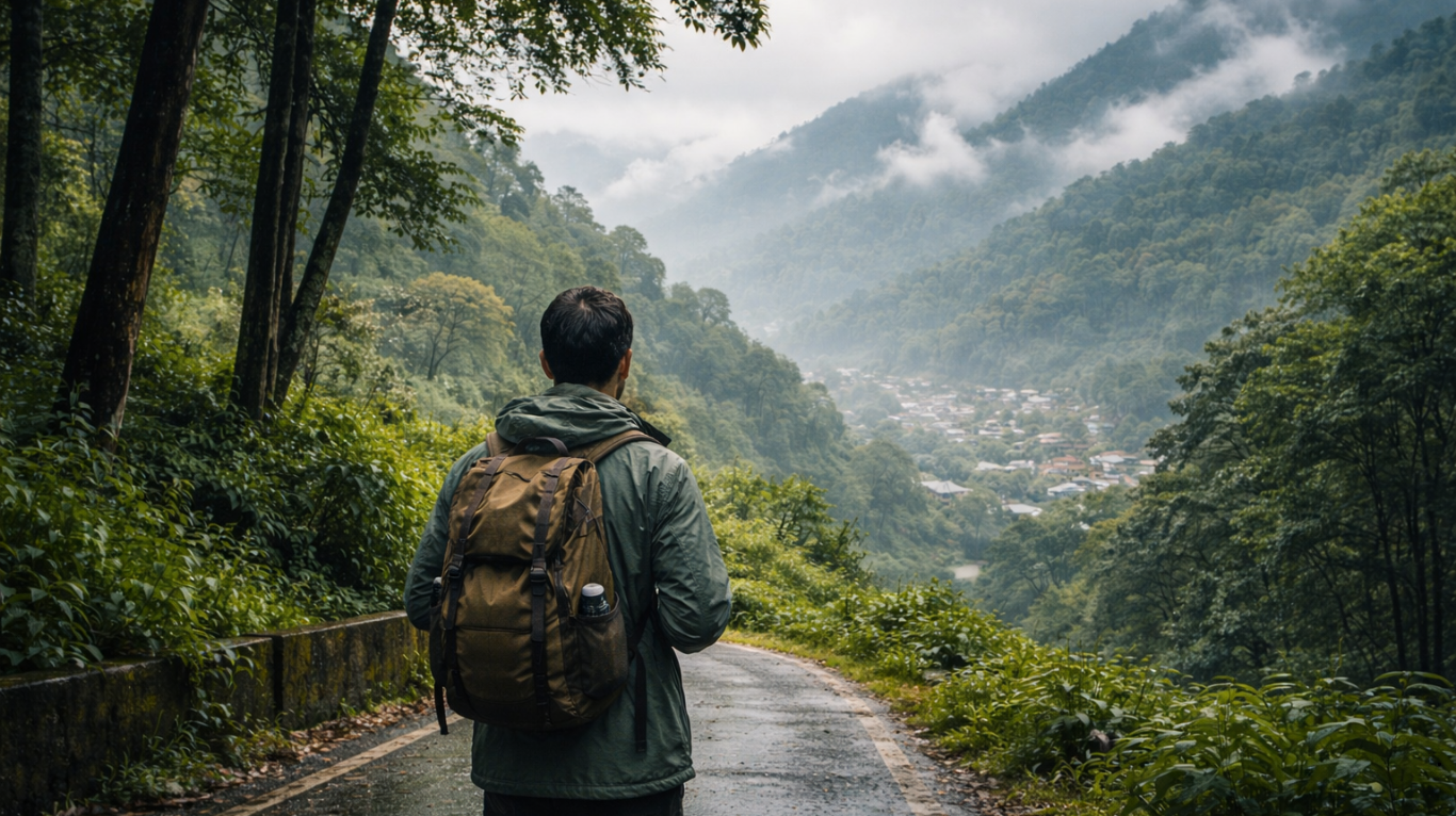 Travellers exploring hills during monsoon season