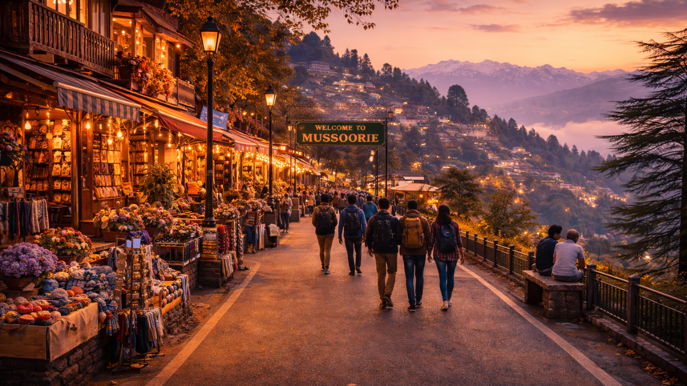 Evening in Mussoorie with glowing street lights and mountain views