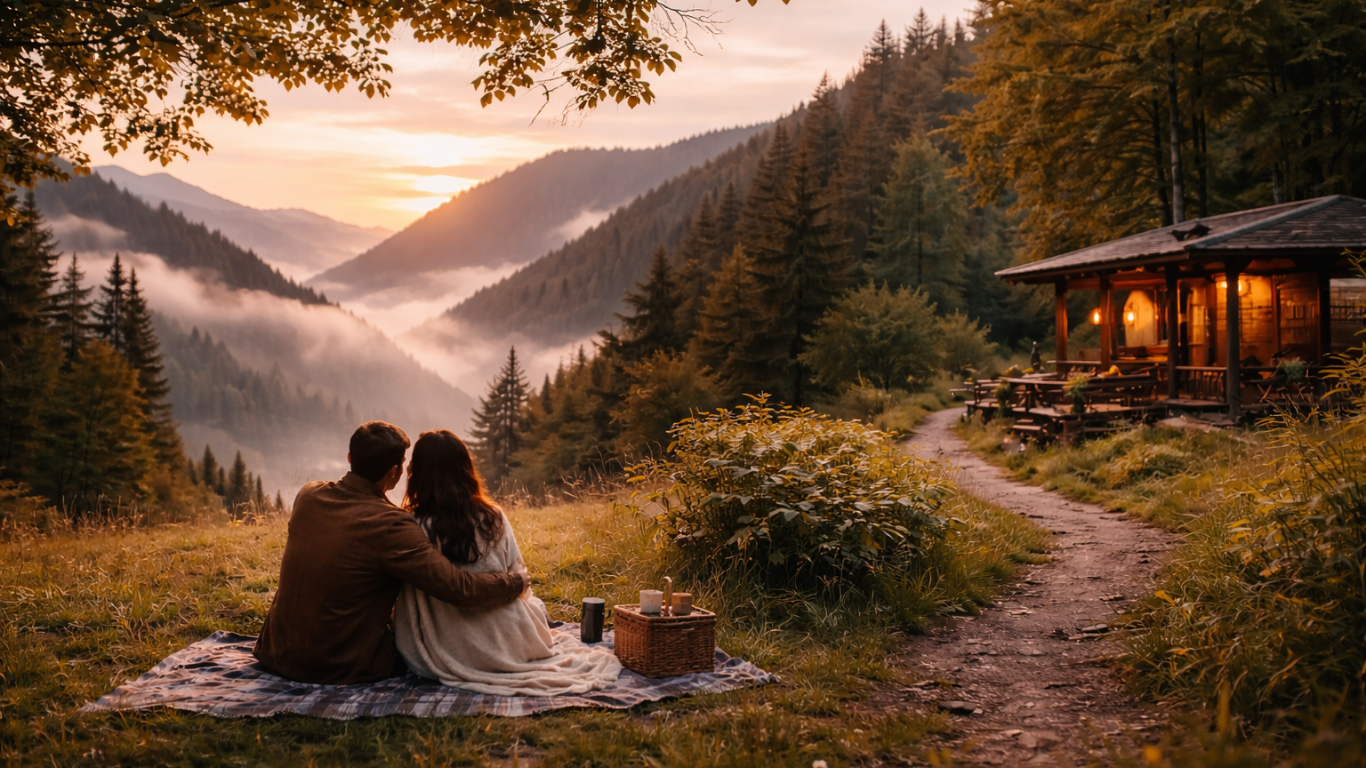 Couples overlooking a beautiful mountain valley
