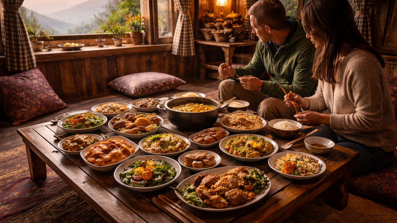 Man eating home-cooked meal at a homestay.