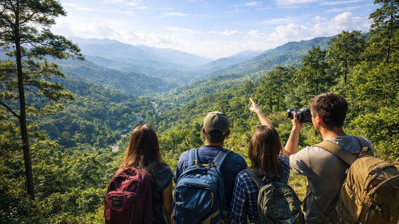 Group of hikers overlooking valley
