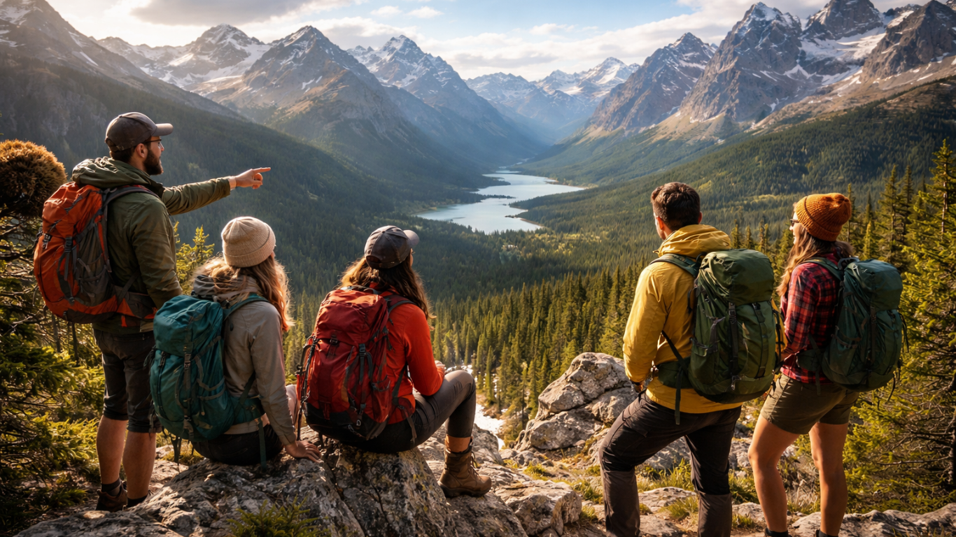 Friends trekking together in the mountains during golden hour
