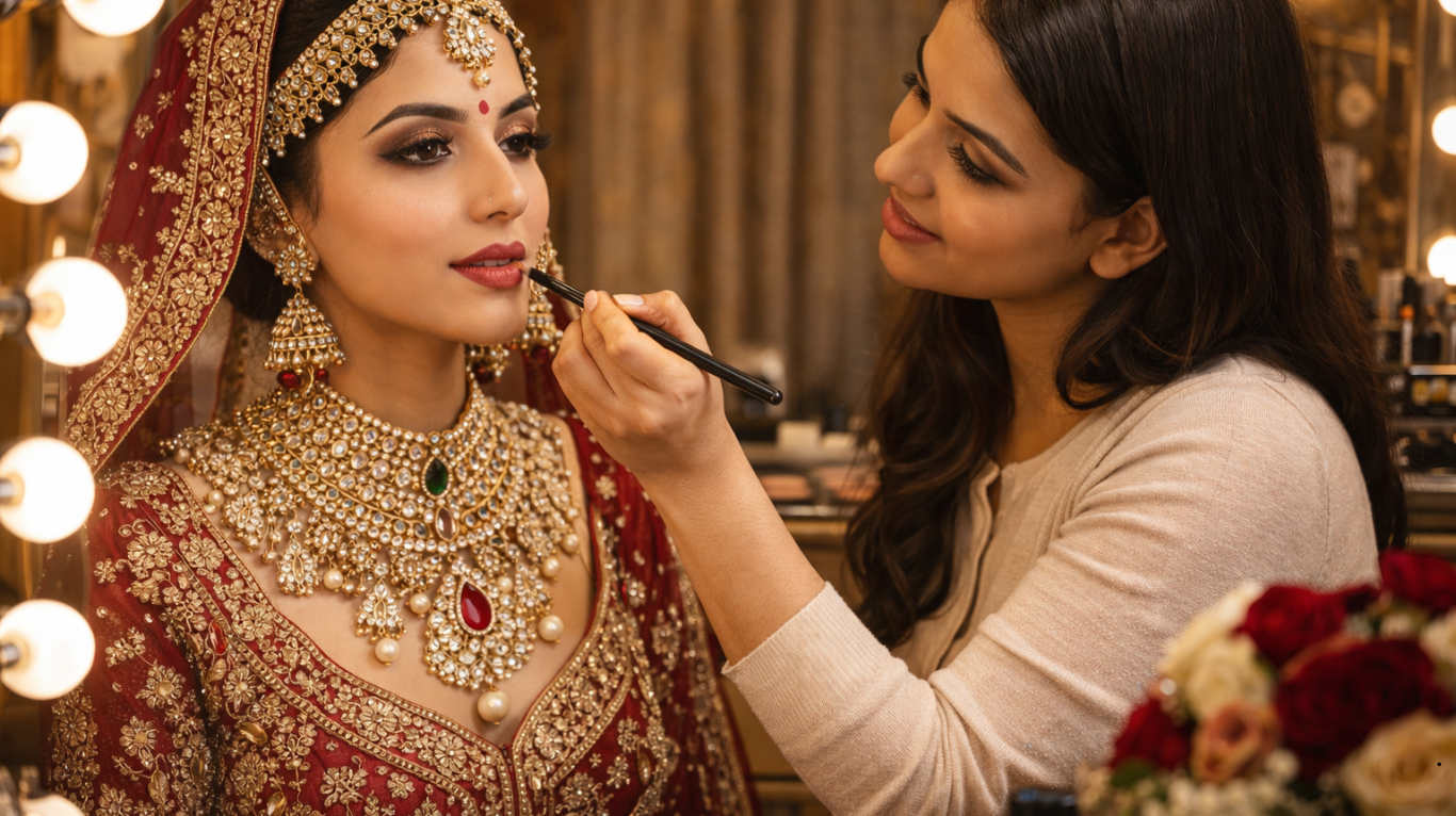 Bridal makeup artist enhancing natural beauty with soft glam makeup