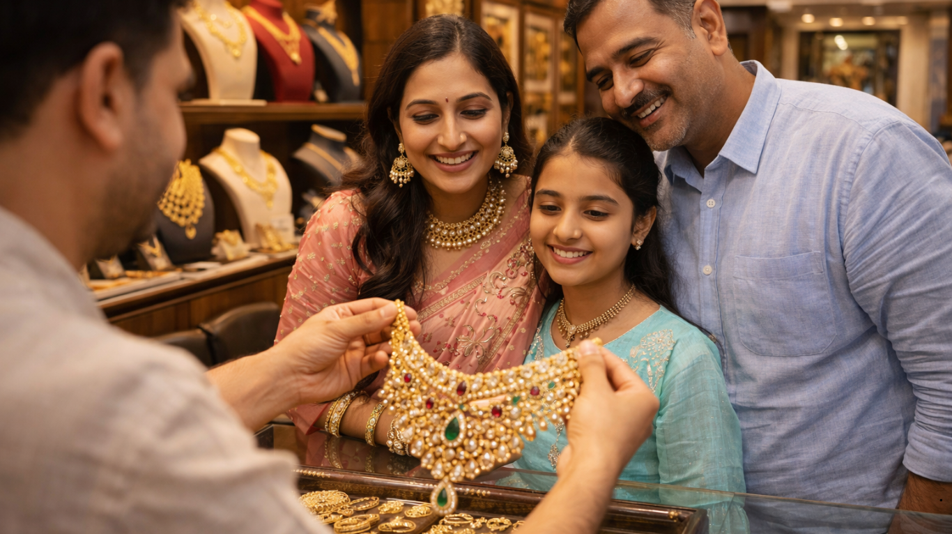 Happy family shopping for gold jewellery at Frontier Jewellers showroom
