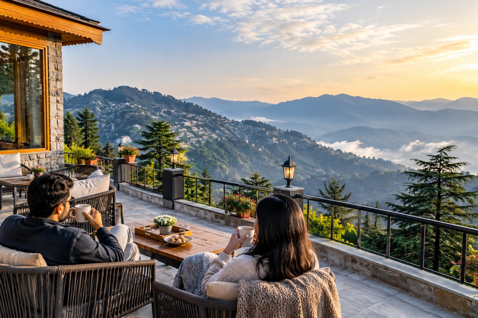 Travellers relaxing at a peaceful hill stay while enjoying beautiful mountain views during a comfortable holiday.