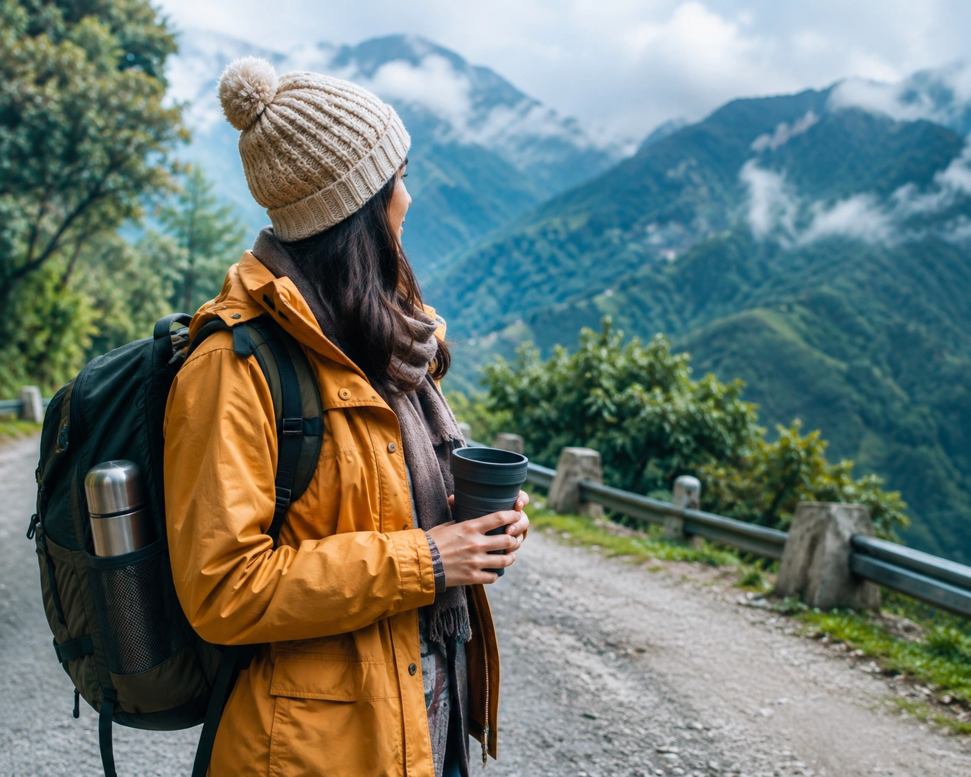A traveller wearing layered clothing and carrying practical essentials while preparing for changing weather during a hill journey.