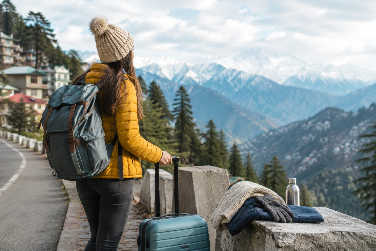 A traveller carrying practical luggage and warm clothing while preparing for a scenic hill journey.