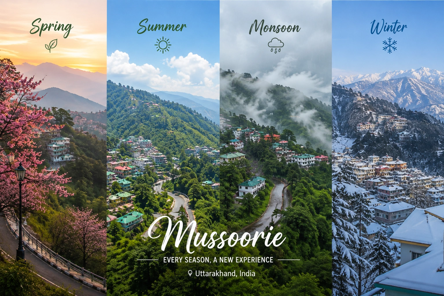 Mussoorie best season to visit shown through changing mountain landscapes, from green hills and misty weather to clear and snowy views.